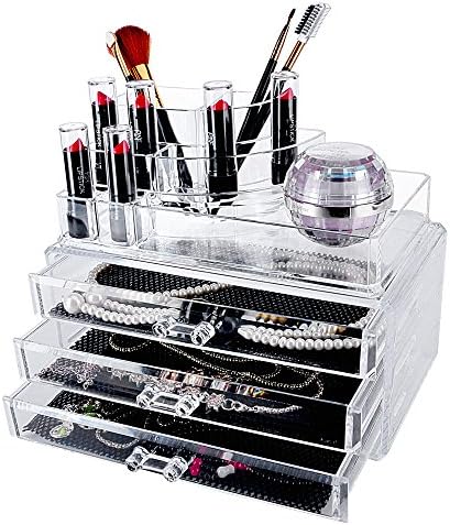 MG Vanity Cosmetic Make up Organizer Set, Acrylic Clear Case Storage Insert Holder Box for Lipstick, Brush, jewelry, 2 piece set 3 drawers