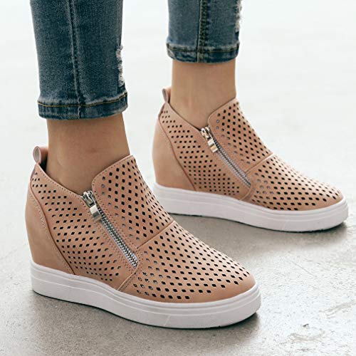 Womens Classic High Top Platform Flat Sports Shoes Casual Slip On Zipper Wedge Sneakers Pink - Thumbnail 3