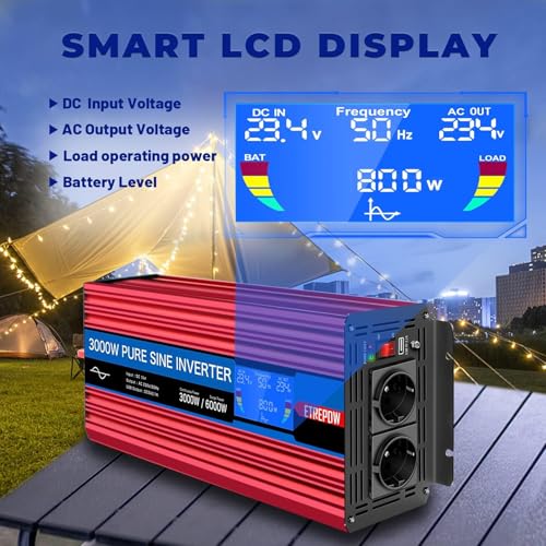 ETREPOW 3000W/6000W Inverter 24V 220V Pure Sine Wave Transformer with 2 EU Sockets and a USB, Wireless Remote Control and LCD Display, Suitable for Solar Systems, Caravans, Trucks, Camping
