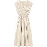 AIWUFLY Sleeveless V Neck Midi Dress for Women Casual Summer Solid Smocked Waist A Line Flowy Dresses with Pockets