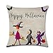 NKIPORU 4Pcs Happy Halloween Cotton Linen Pillow Cover Square Burlap Decorative Throw Pillowslip Cushion Cover with Bat Pumpkin Little Witch Element