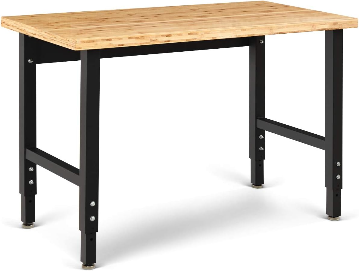 Goplus Adjustable Workbench, 48" 1500 Lbs Bamboo Top Garage Work Bench, Heavy-Duty Steel Work Table Hardwood Workstation, Easy Assembly - - 