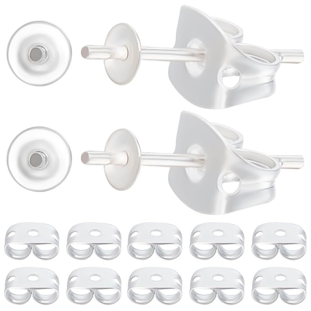 Beebeecraft 1 Box 20Pcs Pearl Cup Earring Post 925 Sterling Silver Stud Earring Findings 0.3mm Pin with 20Pcs Sterling Silver Plated Brass Ear Back for Half Drilled Beads DIY Jewelry Making