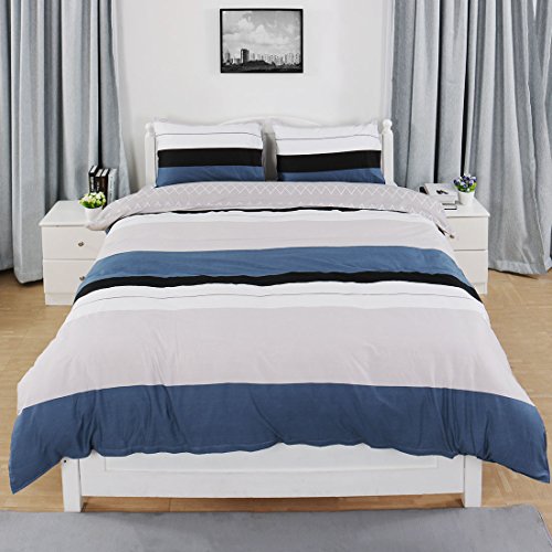 uxcell Duvet Cover Set, 100% Cotton Quilt Cover Bedding for Teens Adult, Simple Modern Stripes Lattices Pattern Printed on Gray Blue with Zipper Closure (Twin XL Size, Blue Stripe)