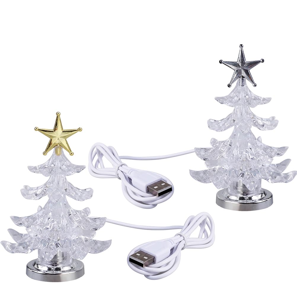 Uonlytech 2pcs Acrylic Christmas Tree Night Light Colorful Glowing Desktop Lamp LED Night Light Christmas Decoration USB Christmas Tree for Desk (Golden Silver)