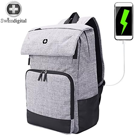 Laptop Backpack,Swissdigital Casual and lightweight Backpack for School and Travel with USB Charging Port and RFID for Man and Woman Fits Under 14-Inch Laptop and Notebook, Grey