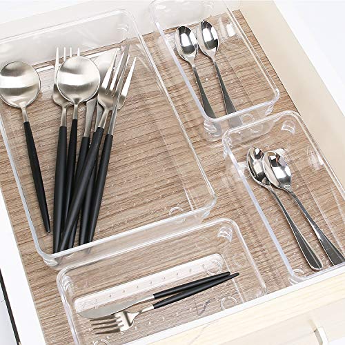 Puricon Desk Drawer Organizers (7 Pieces), Clear Versatile Polystyrene Storage Bins Vanity Trays Makeup Organizer Dividers for Bedroom Dresser Bathroom Kitchen Office -Clear - Thumbnail 6