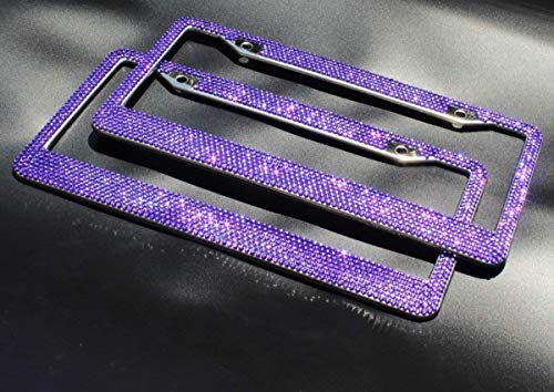 JUSHACHENGTA 8 Rows Handmade Bling Bling Rhinestones Stainless Steel Car License Plate Frame with Screws Caps-2 Pack