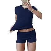YETOWA Women's Casual Workout Two Piece Outfits Slim Short Sleeve Low Waist Foldover Shorts Tracksuit Sets Streetwear