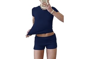 YETOWA Women's Casual Workout Two Piece Outfits Slim Short Sleeve Low Waist Foldover Shorts Tracksuit Sets Streetwear