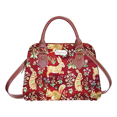 Red Ladies Tapestry Top Handle Handbag by Signare with Mille Fleur, Rabbit and Squirrel (CONV-FORRD)