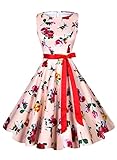 Anni Coco Women's 1950s Hepburn Vintage Swing Dresses With Ribbon Belt Flower and Bee Medium