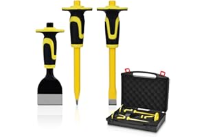 GMGSJ 3-Piece Heavy Duty Masonry Chisels with Hand Protection, CRV Steel, Pointed Edge, Rubber Handles, Ideal for Demolition, Carving, De-scaling, Breaking, Hunting, and Crushing. (CA9)