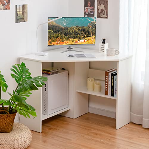Tangkula White Corner Desk, 90 Degrees Triangle Corner Computer Desk