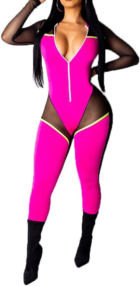 OLUOLIN Women Sexy Color Block See Through Long Sleeve Deep V Neck Mesh Stripe Printed Zip Up Bodycon Romper Jumpsuits