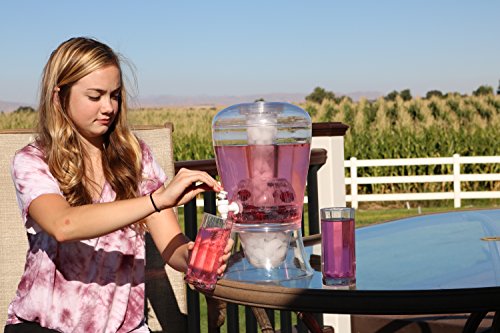 Large 2 Gallon Beverage Dispenser on Stand with Spout - Ice Base and Core Keep Juice and Drinks Cold - Shatterproof Acrylic Jug with Fruit and Tea Infuser and Spigot Perfect for Parties