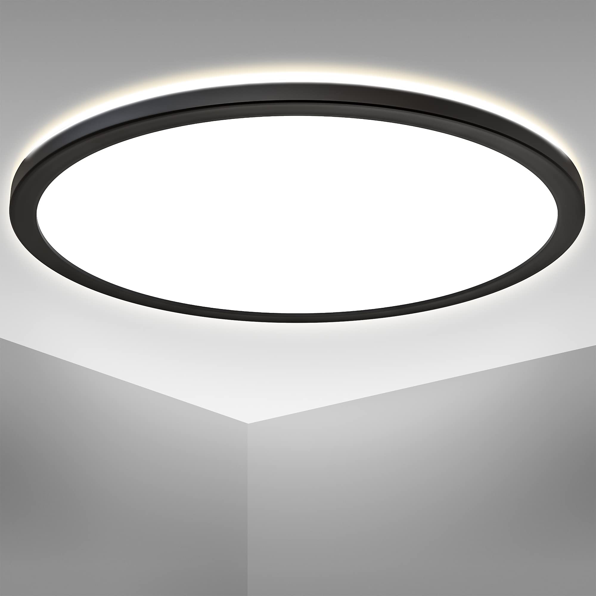 B.K.Licht LED Round Ceiling Light, Ø16.5in, Ultra-Flat 1.1in, Built-in 22W LED Board, 4000K Neutral White, 3000Lm, Indirect Ceiling Backlight, Black Finish, Modern Ceiling Panel, IP20
