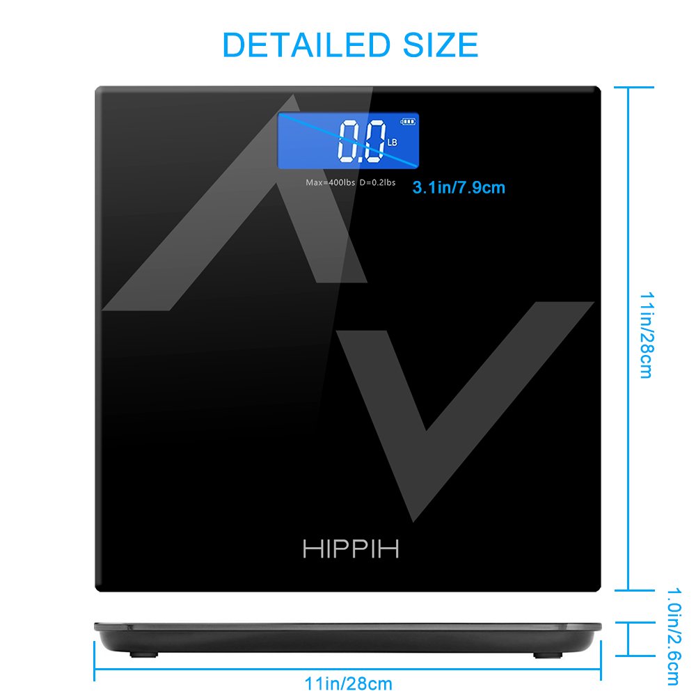Hippih 400lb / 180kg Electronic Bathroom Scale with Tempered Right Angle Glass Balance Platform and Advanced Step-On Technology, Digital Weight Scale has Large Easy Read Backlit LCD Display D-015