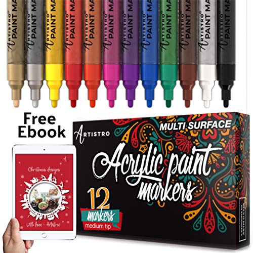 Paint Pens for Rock Painting, Ceramic, Porcelain, Glass, Wood, Fabric, Canvas. Set of 12 Acrylic Paint Markers Medium Tip