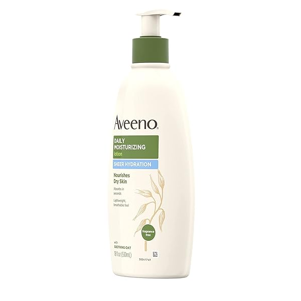 AVEENO ACTIVE NATURALS – DAILY MOISTURIZING LOTION – SHEER HYDRATION – FRAGRANCE FREE – NET WT. 18 FL OZ (530 ML) PER BOTTLE –