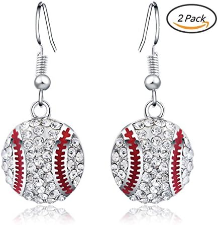Feximzl 2 Pairs Baseball Pendant Necklace & Dangle Earrings Jewelry Set Sport Clear Crystal Fashion Jewelry (Silver 2pair earrings)
