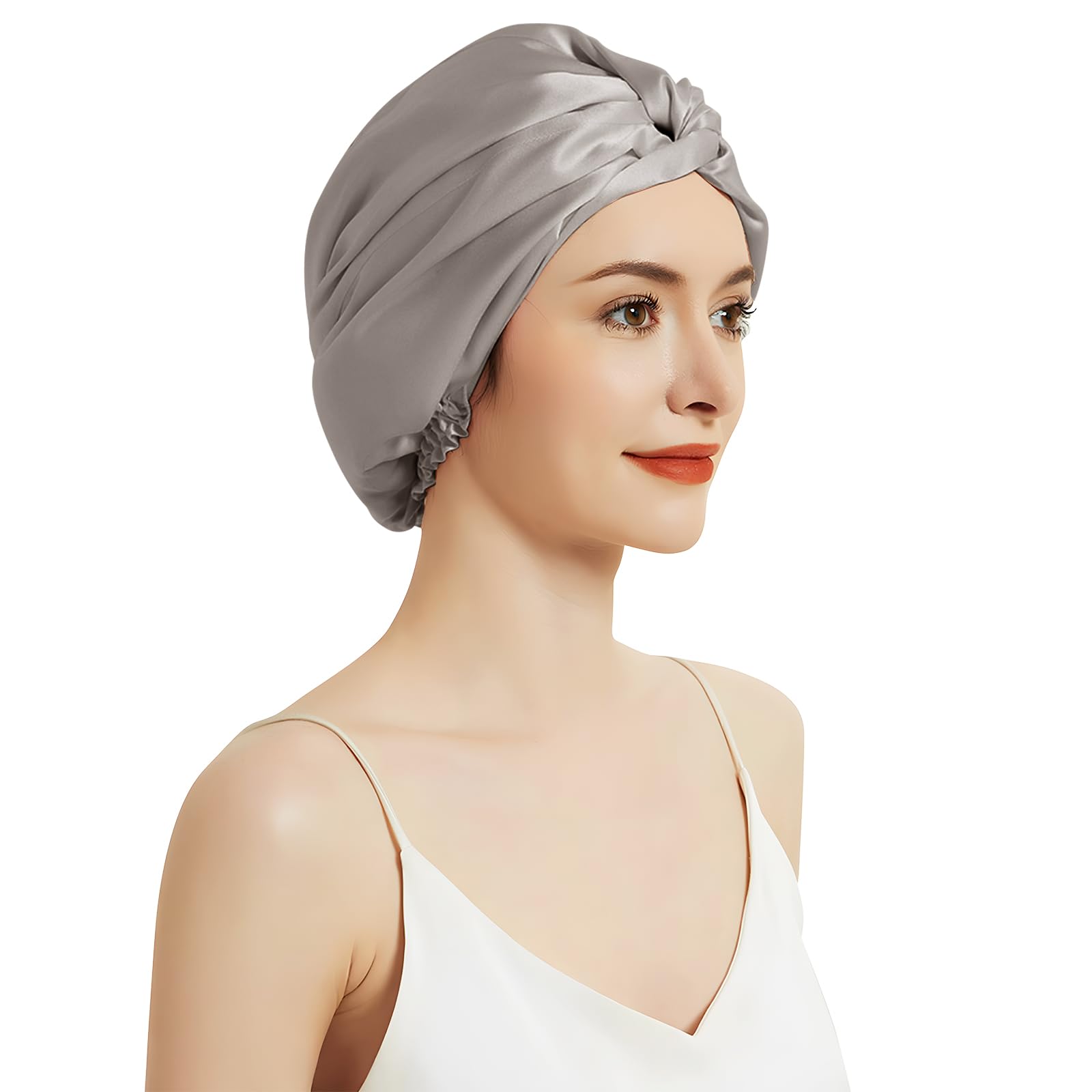 SILKTALE 100% Mulberry Silk Bonnet for Sleeping Sleep Cap for Women/Men,Double Layer 19 Momme Grade 6a Turban for Curly Hair, Grey