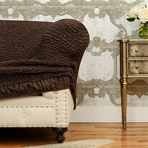 Sectional Sofa Cover - Sectional Couch Covers - L Couch Cover - Cotton Fabric Slipcovers - 1-piece Form Fit Stretch Furniture Slipcover - Mille Righe Collection - Brown (Right Chase) - Thumbnail 3