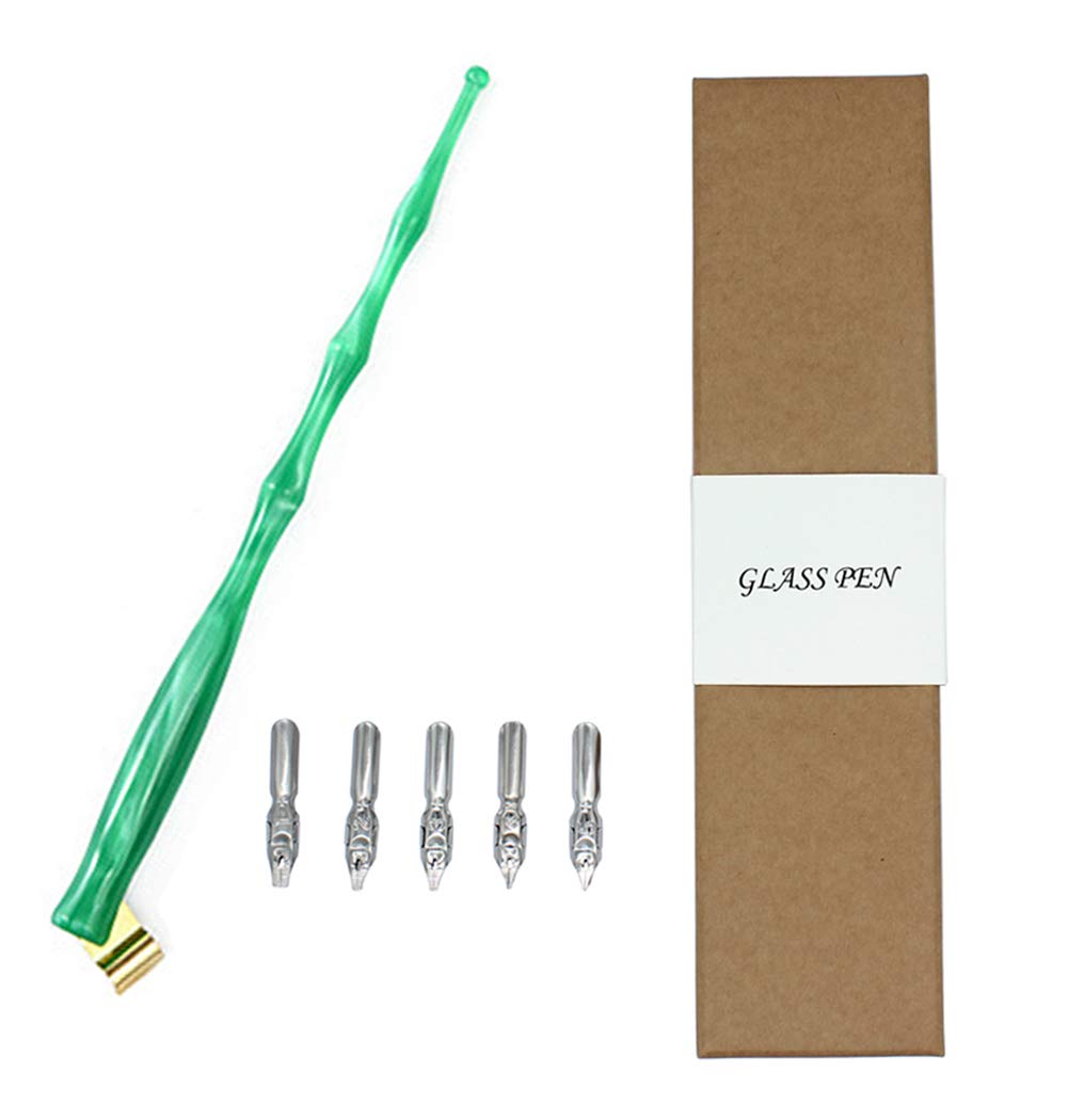 Hillento Resin Calligraphy Nib Pen Point Holder, Oblique English Calligraphy Pen Nib Holder with 5 Flat Nibs, Green