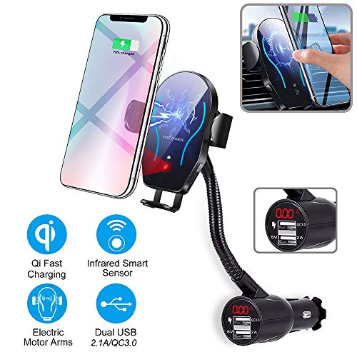 itkidboy Car Cigarette Lighter Wireless Charger, Phone Holder Mount Infrared Smart Sensing Automatic Clamping 11W Qi Fast Wireless Charging Cradle for Cell Phone Dual USB (Black)