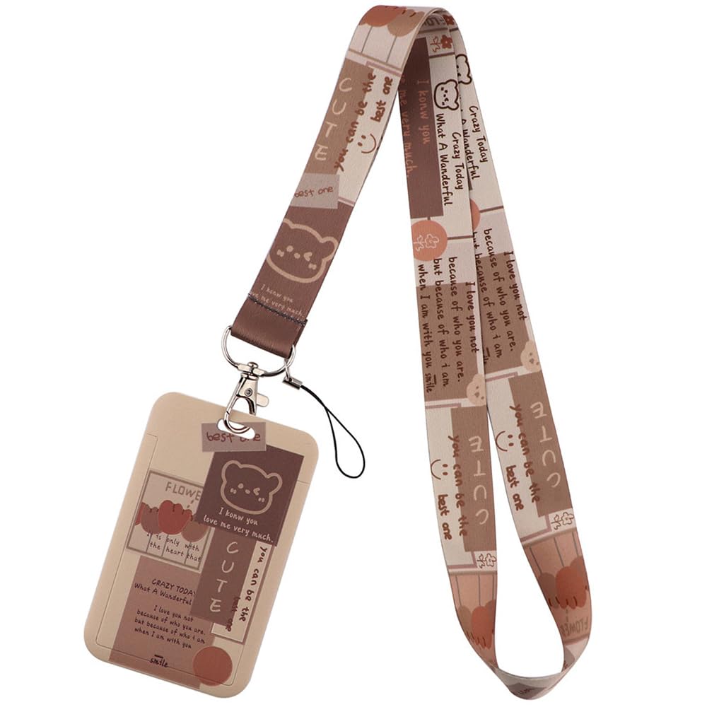 Cute Bear ID Lanyard with Card Holder Brown Preppy Keychain Be Kind Neck Strap Clip for Keys ID Badges Teachers Students Kids Women Girls