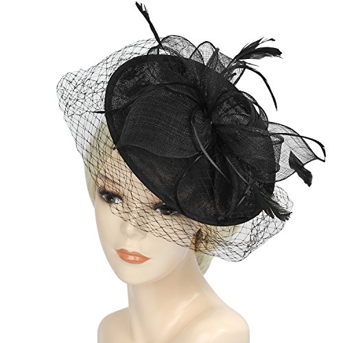 Acecharming Fascinators for Women, Feather Sinamay Fascinators with Headbands Tea Party Pillbox Hat Flower Derby Hats（Black-10） - Thumbnail 6