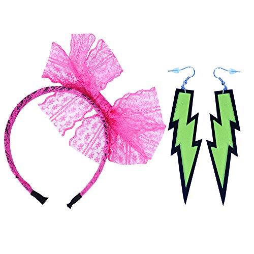 LEKUSHA Women's 80s Costume Accessories Neon Lace Headband Hair Band with Neon Lightning Earrings - Rose Red Green
