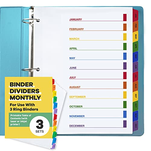 Monthly Dividers for 3 Ring Binder (Set of 3 x 12 Tab Dividers for 3