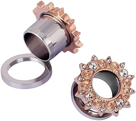 Lianrun Rose Gold Plated White Rhinestone Rose Flower Ear Tunnels Expander Screw Gauge 9/16"