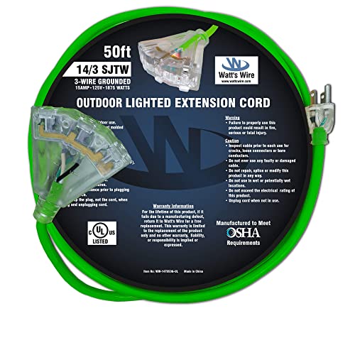 50 ft 14 Gauge Heavy Duty 3Outlet Lighted SJTW Indoor/Outdoor Green
