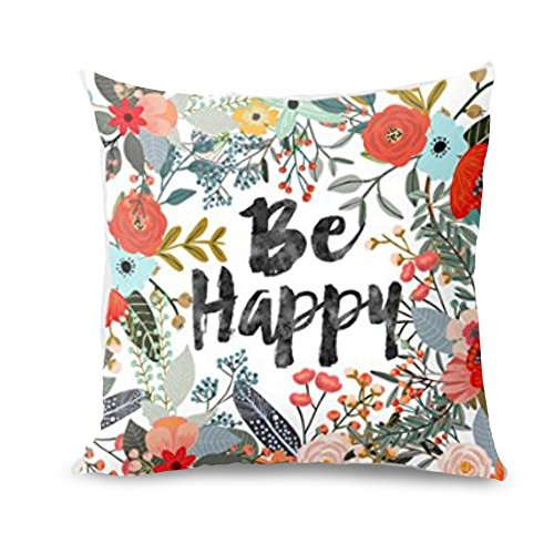 wendana Sayings Be Happy with Flowers Throw Pillow Cover 18 x 18'