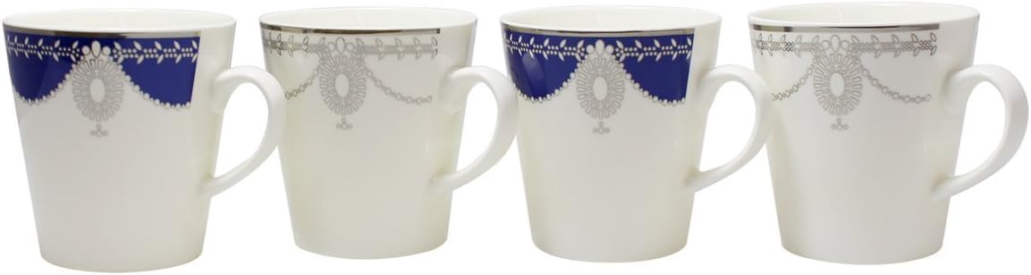 JustNile Decorative White Ceramic Porcelain 4 PCS Tea Coffee Mug Set - Blue / Grey Ocean Heart Design / 8.7 ounces