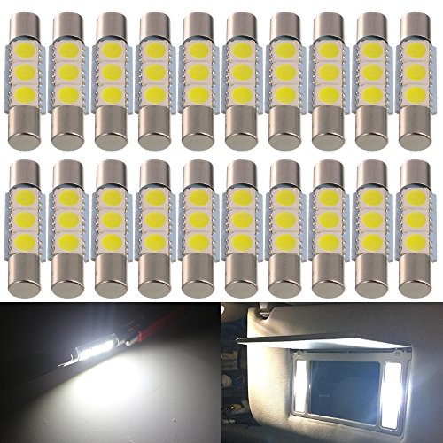AMAZENAR 20-Pack 50 Lumens Xenon White 28MM(1.1") - 31MM(1.25") 12V LED Festoon Light 5050 3-SMD Sun Visor Vanity Mirror LED Bulbs for Vehicle 6615F 6614F 3021 3022 3175 T-2 SF6/6 (White)