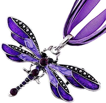 Arce Women's Rhinestone Retro Creative Inlay Gem Tone Dragonfly Pendant Necklace(purple)
