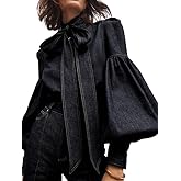 Womens Denim Blouse Pullover Bow Embellished Long Puff Sleeve Jean Buttoned Vintage Shirts Tops