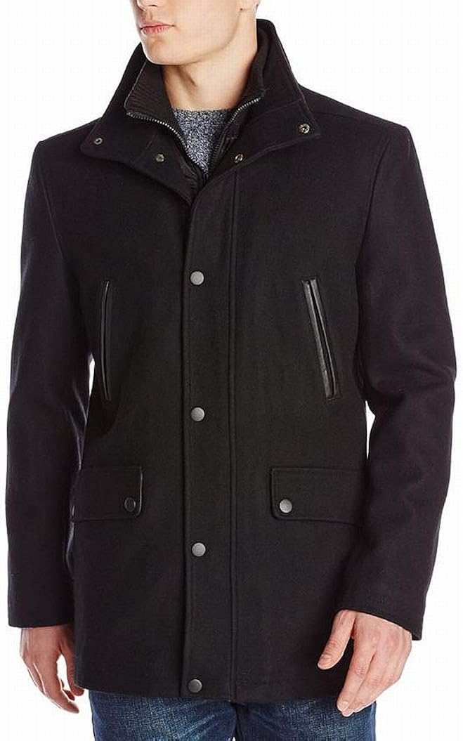 Cole New York Men's Wool Coat with Leather Piped Pockets, Black