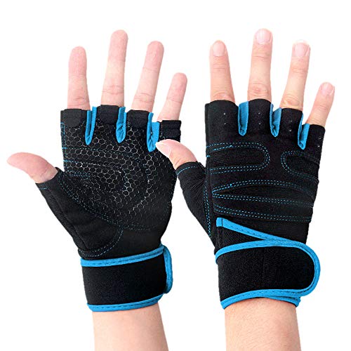 Feleph Weight Lifting Gloves with Wrist Wraps Support Workout Gloves for Men/Women Half Finger Gym Gloves for Fitness, Exercise, Gym Cross Training,Breathable Non-Slip, Strong Grip（Blue,M） - Thumbnail 3
