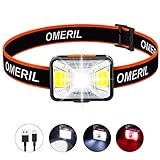 OMERIL Rechargeable Headlamp, 2.5H Quick Charge LED Hiking Headlamp Flashlight with 200 Lumen, 5 Modes, White Red Light, IPX5 Waterproof Camping Headlamp for Running, Cycling, Fishing, Kids and Adults