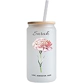 Custom Frosted Glass Iced Coffee Cup with Lid and Straw - Gift for Her Birthday, Christmas, Mothers Day & More - Colorful Birth Month Flowers - Add Name with Custom Text