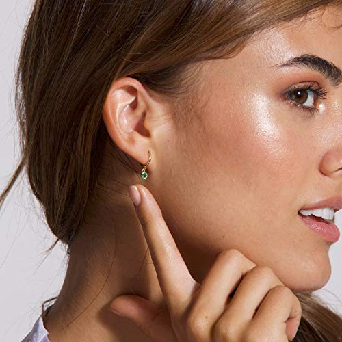 CHESKY 14K Gold Plated Dainty Birthstone Pendent Hoop Earrings Minimalist Dangle Leverback Earrings Crystal Sapphire Turquoise Huggie Hoop Earrings for Women Girls March