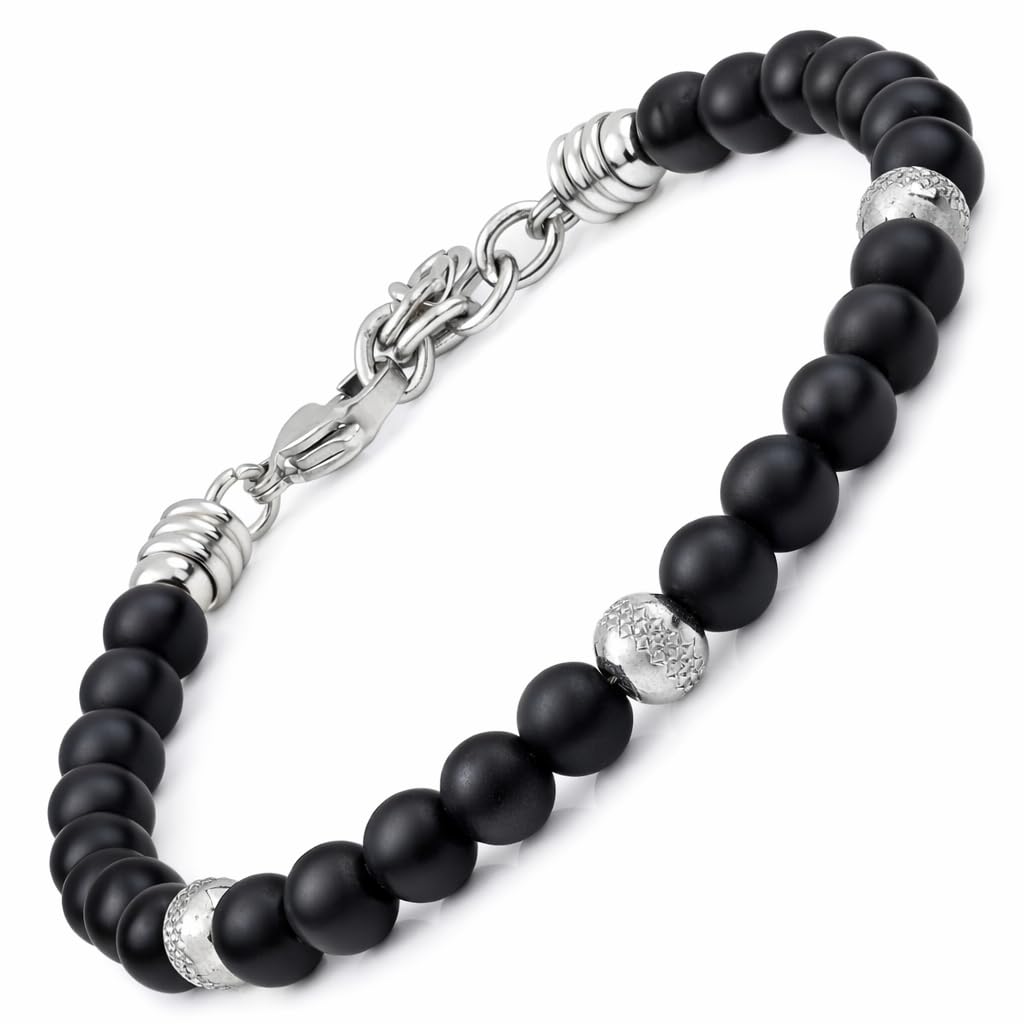 10:10 Jewels Men's and Women's Bracelet with 0,25 inch Natural Black Stones, Male or Female Bracelet with Diamond Beads in Stainless Steel and Very Resistant, Made in Italy