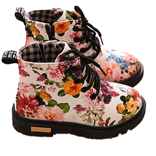 Digood Toddler Baby Kids Girls Boys Fashion Floral Lace-Up Shoes Martin Boots Casual Children Boots (2-2.5 Years Old, White)