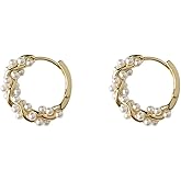 Pearl Chunky Hoop Earrings Sterling Silver Pearl Twisted Huggie Earrings for Women, Dainty Pearls Dangle Earrings Trendy Jewelry Gift