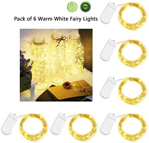 Esicoo Fairy Lights Battery Operated, Christmas Lights 6 Set Waterproof Starry String Lights for Bottle, Bedroom, Patio, Home Party Decorations (Warm White, 7.2ft 20 LEDs)