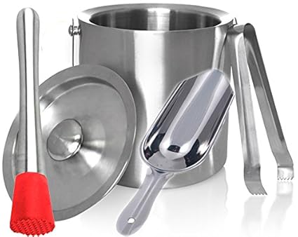 King International Stainless Steel Bar Set of 4 Pieces Including Muddler,Ice Tong,Ice Bucket,Ice Picker